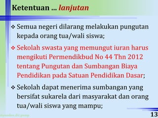 ahyoodee.dit.psmp
Ketentuan ... lanjutan
 Semua negeri dilarang melakukan pungutan
kepada orang tua/wali siswa;
 Sekolah swasta yang memungut iuran harus
mengikuti Permendikbud No 44 Thn 2012
tentang Pungutan dan Sumbangan Biaya
Pendidikan pada Satuan Pendidikan Dasar;
 Sekolah dapat menerima sumbangan yang
bersifat sukarela dari masyarakat dan orang
tua/wali siswa yang mampu;
13
 