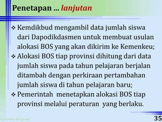ahyoodee.dit.psmp
Penetapan ... lanjutan
 Kemdikbud mengambil data jumlah siswa
dari Dapodikdasmen untuk membuat usulan
alokasi BOS yang akan dikirim ke Kemenkeu;
 Alokasi BOS tiap provinsi dihitung dari data
jumlah siswa pada tahun pelajaran berjalan
ditambah dengan perkiraan pertambahan
jumlah siswa di tahun pelajaran baru;
 Pemerintah menetapkan alokasi BOS tiap
provinsi melalui peraturan yang berlaku.
35
 