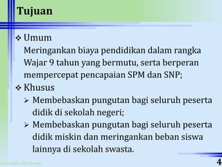 ahyoodee.dit.psmp
Tujuan
 Umum
Meringankan biaya pendidikan dalam rangka
Wajar 9 tahun yang bermutu, serta berperan
mempercepat pencapaian SPM dan SNP;
 Khusus
 Membebaskan pungutan bagi seluruh peserta
didik di sekolah negeri;
 Membebaskan pungutan bagi seluruh peserta
didik miskin dan meringankan beban siswa
lainnya di sekolah swasta.
4
 