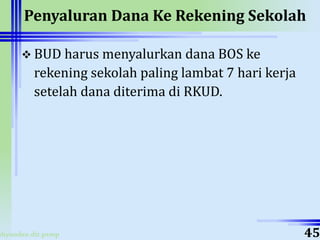ahyoodee.dit.psmp
Penyaluran Dana Ke Rekening Sekolah
 BUD harus menyalurkan dana BOS ke
rekening sekolah paling lambat 7 hari kerja
setelah dana diterima di RKUD.
45
 