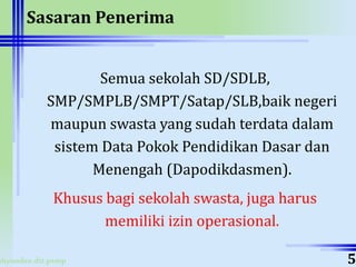 ahyoodee.dit.psmp
Sasaran Penerima
Semua sekolah SD/SDLB,
SMP/SMPLB/SMPT/Satap/SLB,baik negeri
maupun swasta yang sudah terdata dalam
sistem Data Pokok Pendidikan Dasar dan
Menengah (Dapodikdasmen).
Khusus bagi sekolah swasta, juga harus
memiliki izin operasional.
5
 