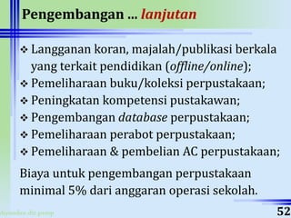 ahyoodee.dit.psmp
Pengembangan ... lanjutan
 Langganan koran, majalah/publikasi berkala
yang terkait pendidikan (offline/online);
 Pemeliharaan buku/koleksi perpustakaan;
 Peningkatan kompetensi pustakawan;
 Pengembangan database perpustakaan;
 Pemeliharaan perabot perpustakaan;
 Pemeliharaan & pembelian AC perpustakaan;
Biaya untuk pengembangan perpustakaan
minimal 5% dari anggaran operasi sekolah.
52
 