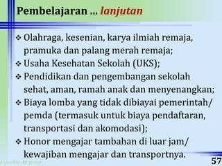 ahyoodee.dit.psmp
Pembelajaran ... lanjutan
 Olahraga, kesenian, karya ilmiah remaja,
pramuka dan palang merah remaja;
 Usaha Kesehatan Sekolah (UKS);
 Pendidikan dan pengembangan sekolah
sehat, aman, ramah anak dan menyenangkan;
 Biaya lomba yang tidak dibiayai pemerintah/
pemda (termasuk untuk biaya pendaftaran,
transportasi dan akomodasi);
 Honor mengajar tambahan di luar jam/
kewajiban mengajar dan transportnya.
57
 