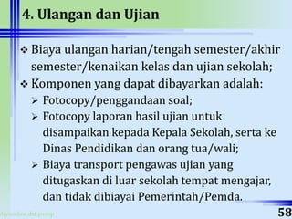 ahyoodee.dit.psmp
4. Ulangan dan Ujian
 Biaya ulangan harian/tengah semester/akhir
semester/kenaikan kelas dan ujian sekolah;
 Komponen yang dapat dibayarkan adalah:
 Fotocopy/penggandaan soal;
 Fotocopy laporan hasil ujian untuk
disampaikan kepada Kepala Sekolah, serta ke
Dinas Pendidikan dan orang tua/wali;
 Biaya transport pengawas ujian yang
ditugaskan di luar sekolah tempat mengajar,
dan tidak dibiayai Pemerintah/Pemda.
58
 