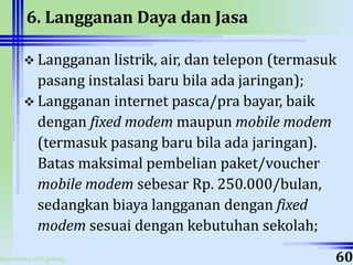 ahyoodee.dit.psmp
6. Langganan Daya dan Jasa
 Langganan listrik, air, dan telepon (termasuk
pasang instalasi baru bila ada jaringan);
 Langganan internet pasca/pra bayar, baik
dengan fixed modem maupun mobile modem
(termasuk pasang baru bila ada jaringan).
Batas maksimal pembelian paket/voucher
mobile modem sebesar Rp. 250.000/bulan,
sedangkan biaya langganan dengan fixed
modem sesuai dengan kebutuhan sekolah;
60
 