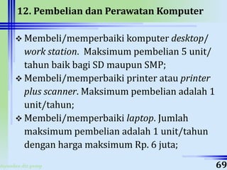 ahyoodee.dit.psmp
12. Pembelian dan Perawatan Komputer
 Membeli/memperbaiki komputer desktop/
work station. Maksimum pembelian 5 unit/
tahun baik bagi SD maupun SMP;
 Membeli/memperbaiki printer atau printer
plus scanner. Maksimum pembelian adalah 1
unit/tahun;
 Membeli/memperbaiki laptop. Jumlah
maksimum pembelian adalah 1 unit/tahun
dengan harga maksimum Rp. 6 juta;
69
 
