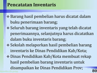 ahyoodee.dit.psmp
Pencatatan Inventaris
 Barang hasil pembelian harus dicatat dalam
buku penerimaan barang;
 Seluruh barang inventaris yang telah dicatat
penerimaannya, selanjutnya harus dicatatkan
dalam buku inventaris barang;
 Sekolah melaporkan hasil pembelian barang
inventaris ke Dinas Pendidikan Kab/Kota;
 Dinas Pendidikan Kab/Kota membuat rekap
hasil pembelian barang inventaris untuk
disampaikan ke Dinas Pendidikan Prov;
80
 