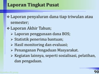 ahyoodee.dit.psmp
Laporan Tingkat Pusat
 Laporan penyaluran dana tiap triwulan atau
semester;
 Laporan Akhir Tahun;
 Laporan penggunaan dana BOS;
 Statistik penerima bantuan;
 Hasil monitoring dan evaluasi;
 Penanganan Pengaduan Masyarakat.
 Kegiatan lainnya, seperti sosialisasi, pelatihan,
dan pengadaan.
90
 