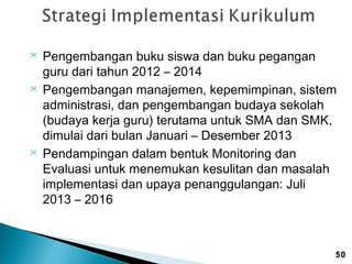 





Pengembangan buku siswa dan buku pegangan
guru dari tahun 2012 – 2014
Pengembangan manajemen, kepemimpinan, sistem
administrasi, dan pengembangan budaya sekolah
(budaya kerja guru) terutama untuk SMA dan SMK,
dimulai dari bulan Januari – Desember 2013
Pendampingan dalam bentuk Monitoring dan
Evaluasi untuk menemukan kesulitan dan masalah
implementasi dan upaya penanggulangan: Juli
2013 – 2016

50

 