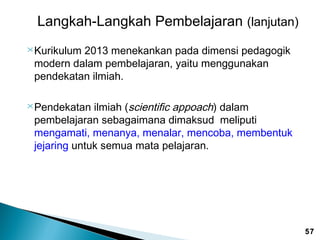 Langkah-Langkah Pembelajaran (lanjutan)
 Kurikulum

2013 menekankan pada dimensi pedagogik
modern dalam pembelajaran, yaitu menggunakan
pendekatan ilmiah.
ilmiah (scientific appoach) dalam
pembelajaran sebagaimana dimaksud meliputi
mengamati, menanya, menalar, mencoba, membentuk
jejaring untuk semua mata pelajaran.

 Pendekatan

57

 