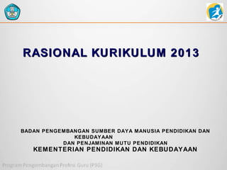 RASIONAL KURIKULUM 2013

BADAN PENGEMBANGAN SUMBER DAYA MANUSIA PENDIDIKAN DAN
KEBUDAYAAN
DAN PENJAMINAN MUTU PENDIDIKAN

KEMENTERIAN PENDIDIKAN DAN KEBUDAYAAN

 