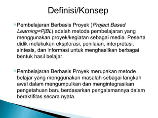 Definisi/Konsep
Berbasis Proyek (Project Based
Learning=PjBL) adalah metoda pembelajaran yang
menggunakan proyek/kegiatan sebagai media. Peserta
didik melakukan eksplorasi, penilaian, interpretasi,
sintesis, dan informasi untuk menghasilkan berbagai
bentuk hasil belajar.

 Pembelajaran

 Pembelajaran

Berbasis Proyek merupakan metode
belajar yang menggunakan masalah sebagai langkah
awal dalam mengumpulkan dan mengintegrasikan
pengetahuan baru berdasarkan pengalamannya dalam
beraktifitas secara nyata.

 