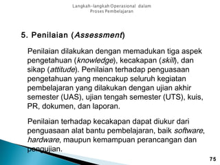 5. Penilaian ( Assessment )
Penilaian dilakukan dengan memadukan tiga aspek
pengetahuan (knowledge), kecakapan (skill), dan
sikap (attitude). Penilaian terhadap penguasaan
pengetahuan yang mencakup seluruh kegiatan
pembelajaran yang dilakukan dengan ujian akhir
semester (UAS), ujian tengah semester (UTS), kuis,
PR, dokumen, dan laporan.
Penilaian terhadap kecakapan dapat diukur dari
penguasaan alat bantu pembelajaran, baik software,
hardware, maupun kemampuan perancangan dan
pengujian.
75

 