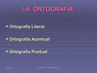 LA  ORTOGRAFÍA   Ortografía Literal Ortografía Acentual Ortografía Puntual  
