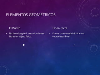 ELEMENTOS GEOMÉTRICOS
El Punto
• No tiene longitud, area ni volumen.
No es un objeto físico.
Línea recta
• Es una coordenada inicial a una
coordenada final
r.
 