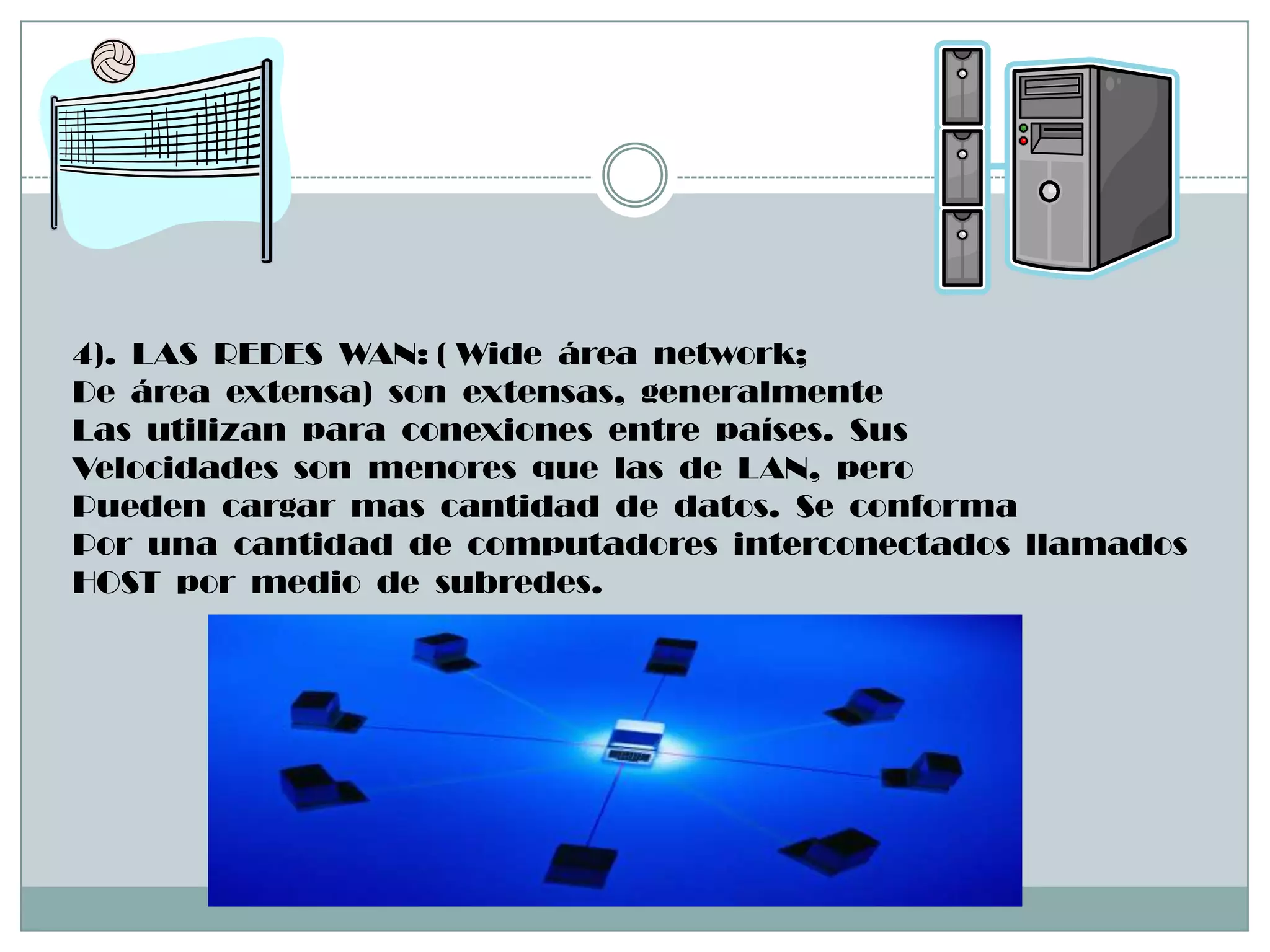 4).  LAS  REDES  WAN: ( Wide  área  network;  De  área  extensa)  son  extensas,  generalmenteLas  utilizan  para  conexiones  entre  países.  Sus  Velocidades  son  menores  que  las  de  LAN,  pero Pueden  cargar  mas  cantidad  de  datos.  Se  conformaPor  una  cantidad  de  computadores  interconectados  llamadosHOST  por  medio  de  subredes.      