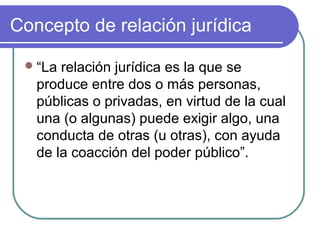 Concepto de relación jurídica
“La relación jurídica es la que se
produce entre dos o más personas,
públicas o privadas, en virtud de la cual
una (o algunas) puede exigir algo, una
conducta de otras (u otras), con ayuda
de la coacción del poder público”.
 