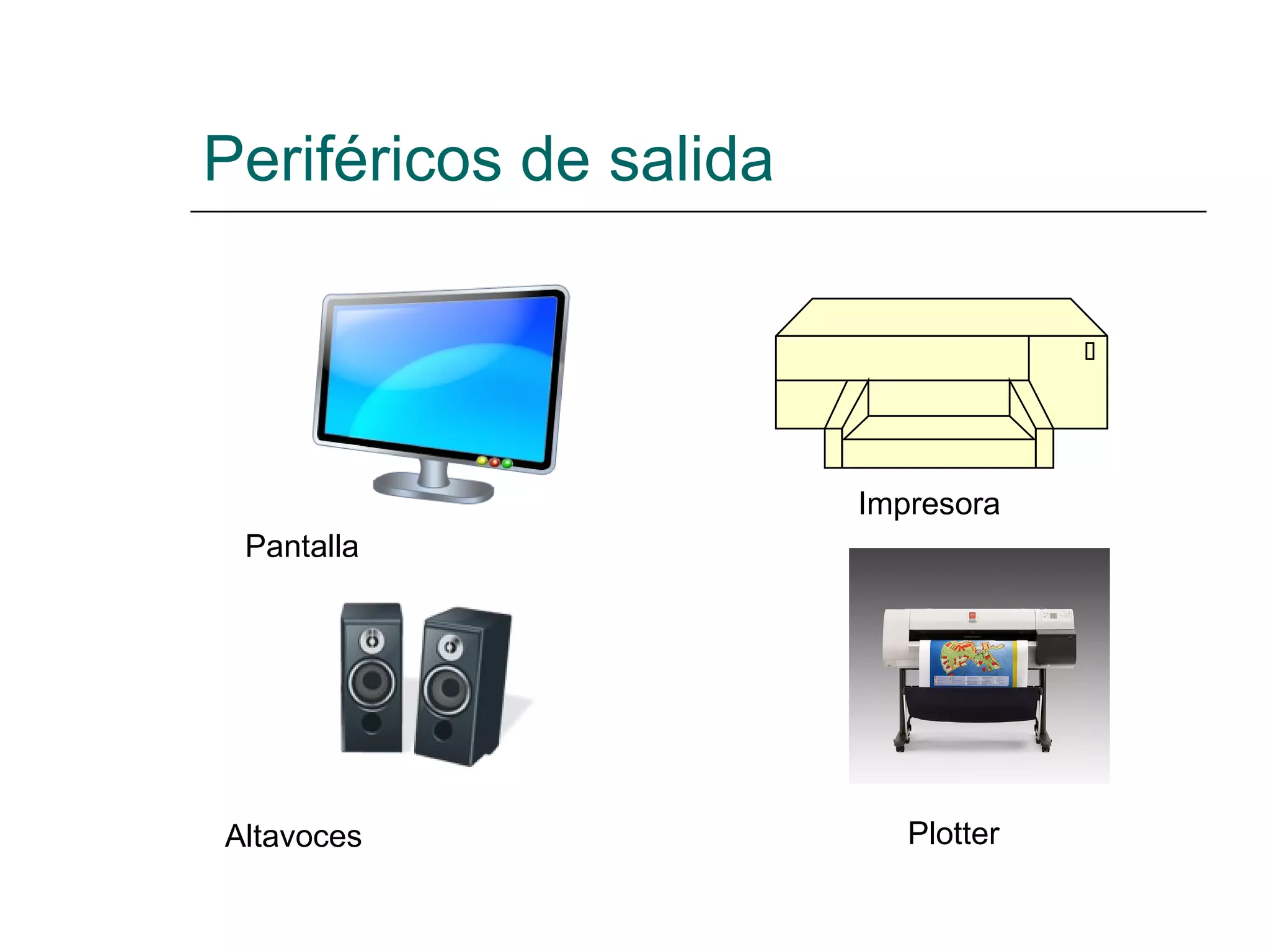 Periféricos de salida Pantalla Impresora Altavoces Plotter
