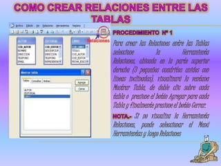 Para crear las Relaciones entre las Tablas
seleccione          la          Herramienta
Relaciones, ubicada en la parte superior
derecha (3 pequeños cuadritos unidos con
líneas inclinadas), visualizará la ventana
Mostrar Tabla, de doble clic sobre cada
tabla o presione el botón Agregar para cada
Tabla y finalmente presione el botón Cerrar.
           Si no visualiza la Herramienta
Relaciones, puede seleccionar el Menú
Herramientas y luego Relaciones
 