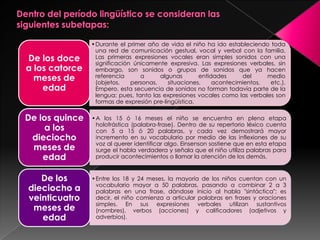 Dentro del período lingüístico se consideran las siguientes subetapas: