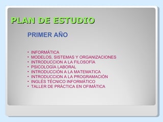 PLAN DE ESTUDIO PRIMER AÑO INFORMÁTICA MODELOS, SISTEMAS Y ORGANIZACIONES INTRODUCCION A LA FILOSOFÍA PSICOLOGÍA LABORAL INTRODUCCIÓN A LA MATEMATICA INTRODUCCION A LA PROGRAMACIÓN INGLÉS TÉCNICO INFORMÁTICO TALLER DE PRÁCTICA EN OFIMÁTICA 