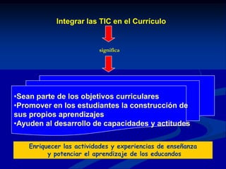 Integrar las TIC en el CurrículosignificaSean parte de los objetivos curriculares