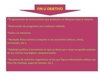 Alteración en el funcionamiento de los sistemas.Obtención de información residual impresa en papel o cinta magnética luego de la ejecución de trabajosIntervención en las líneas de comunicación de datos o teleproceso.