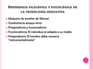 Referencia filosófica y psicológica de la tecnología educativaMaquina de enseñar de SkinnerConductismo ensayo-errorPragmatismo y funcionalismoFuncionalismo: El individuo se adapta a su medio.Pragmatismo: El hombre debe moverse “instrumentalmente”