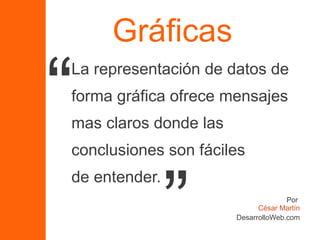 Gráficas

“
La representación de datos de
forma gráfica ofrece mensajes
mas claros donde las
conclusiones son fáciles



               ”
de entender.
                                     Por
                             César Martín
                       DesarrolloWeb.com
 