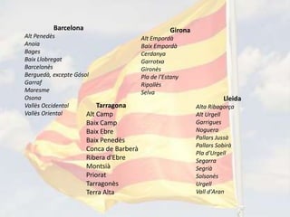 Barcelona                                 Girona
Alt Penedès                             Alt Empordà
Anoia                                   Baix Empordà
Bages                                   Cerdanya
Baix Llobregat                          Garrotxa
Barcelonès                              Gironès
Berguedà, excepte Gósol                 Pla de l'Estany
Garraf                                  Ripollès
Maresme                                 Selva
Osona                                                                 Lleida
Vallès Occidental         Tarragona                         Alta Ribagorça
Vallès Oriental       Alt Camp                              Alt Urgell
                     Baix Camp                              Garrigues
                     Baix Ebre                              Noguera
                     Baix Penedès                           Pallars Jussà
                                                            Pallars Sobirà
                     Conca de Barberà
                                                            Pla d'Urgell
                     Ribera d'Ebre                          Segarra
                     Montsià                                Segrià
                     Priorat                                Solsonès
                     Tarragonès                             Urgell
                     Terra Alta                             Vall d'Aran
 