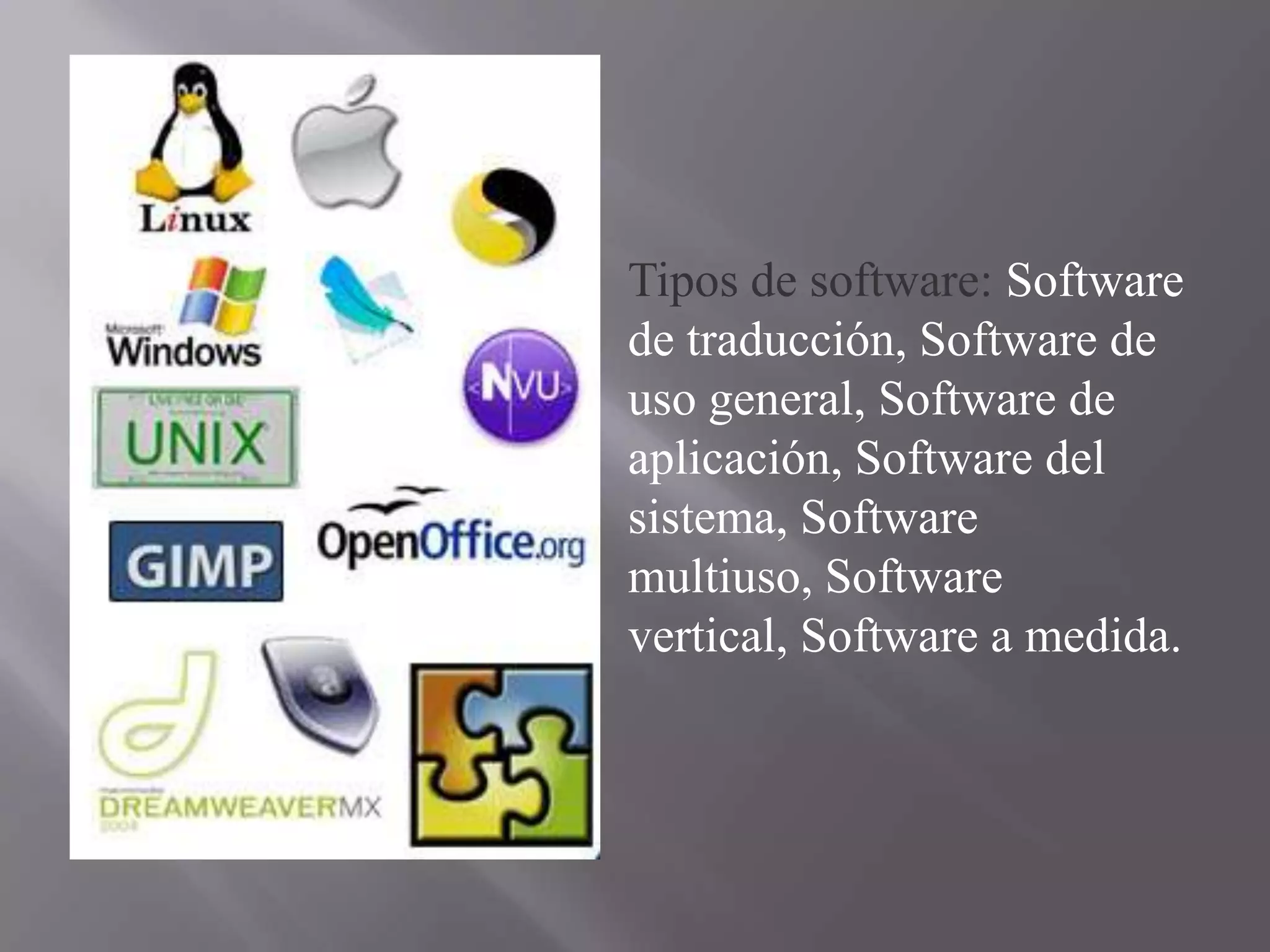 Tipos de software: Software
de traducción, Software de
uso general, Software de
aplicación, Software del
sistema, Software
multiuso, Software
vertical, Software a medida.
 