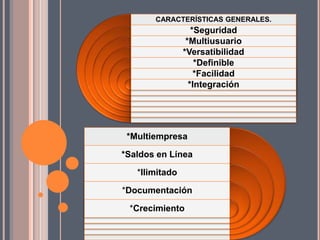 CARACTERÍSTICAS GENERALES.
                   *Seguridad
                 *Multiusuario
                *Versatibilidad
                    *Definible
                    *Facilidad
                  *Integración




 *Multiempresa

*Saldos en Línea

   *Ilimitado

*Documentación

 *Crecimiento
 