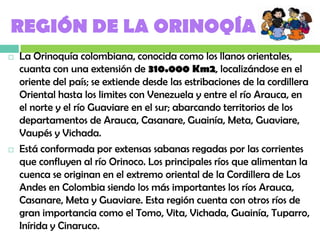 REGIÓN DE LA ORINOQÍA
   La Orinoquía colombiana, conocida como los llanos orientales,
    cuanta con una extensión de 310.000 Km2, localizándose en el
    oriente del país; se extiende desde las estribaciones de la cordillera
    Oriental hasta los limites con Venezuela y entre el río Arauca, en
    el norte y el río Guaviare en el sur; abarcando territorios de los
    departamentos de Arauca, Casanare, Guainía, Meta, Guaviare,
    Vaupés y Vichada.
   Está conformada por extensas sabanas regadas por las corrientes
    que confluyen al río Orinoco. Los principales ríos que alimentan la
    cuenca se originan en el extremo oriental de la Cordillera de Los
    Andes en Colombia siendo los más importantes los ríos Arauca,
    Casanare, Meta y Guaviare. Esta región cuenta con otros ríos de
    gran importancia como el Tomo, Vita, Vichada, Guainía, Tuparro,
    Inírida y Cinaruco.
 