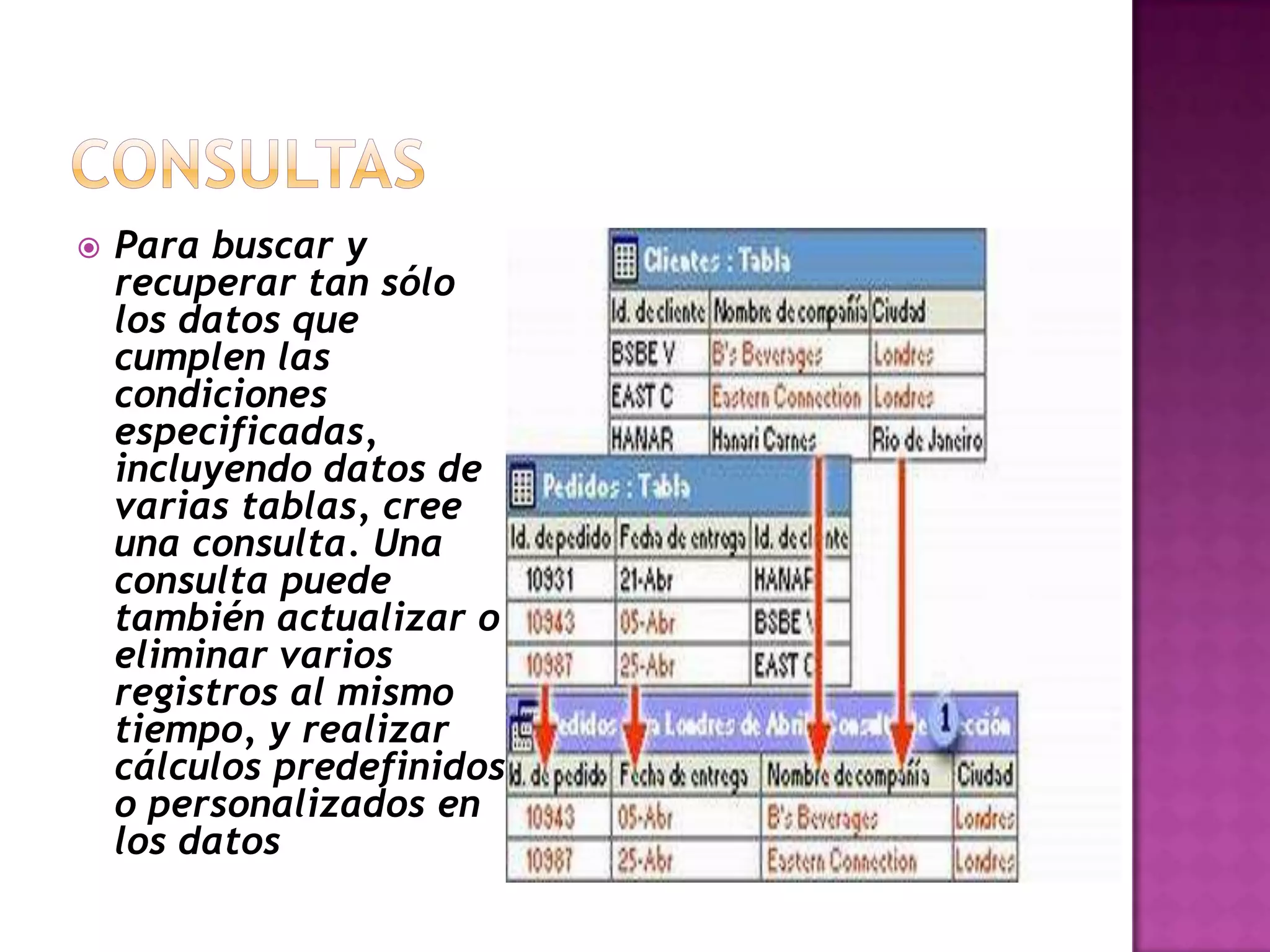    Para buscar y
    recuperar tan sólo
    los datos que
    cumplen las
    condiciones
    especificadas,
    incluyendo datos de
    varias tablas, cree
    una consulta. Una
    consulta puede
    también actualizar o
    eliminar varios
    registros al mismo
    tiempo, y realizar
    cálculos predefinidos
    o personalizados en
    los datos
 