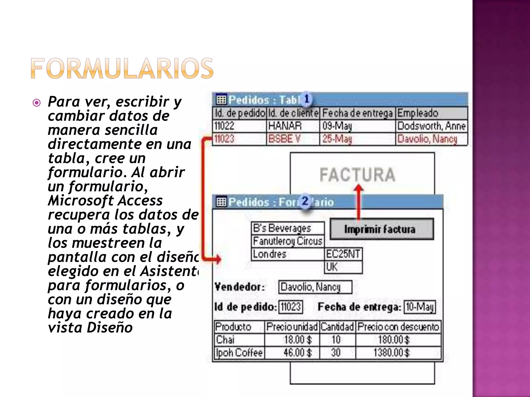    Para ver, escribir y
    cambiar datos de
    manera sencilla
    directamente en una
    tabla, cree un
    formulario. Al abrir
    un formulario,
    Microsoft Access
    recupera los datos de
    una o más tablas, y
    los muestreen la
    pantalla con el diseño
    elegido en el Asistente
    para formularios, o
    con un diseño que
    haya creado en la
    vista Diseño
 