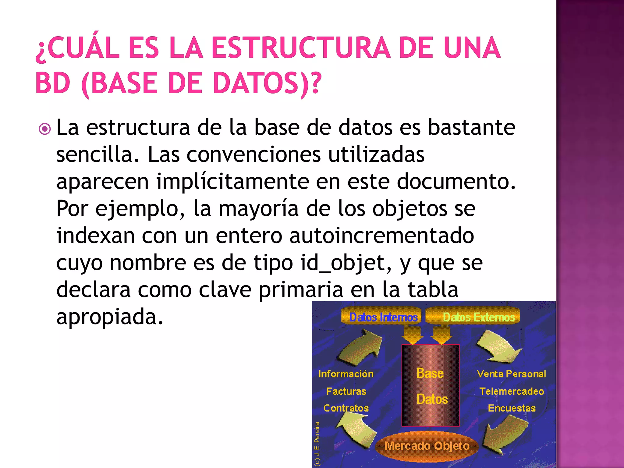  Laestructura de la base de datos es bastante
 sencilla. Las convenciones utilizadas
 aparecen implícitamente en este documento.
 Por ejemplo, la mayoría de los objetos se
 indexan con un entero autoincrementado
 cuyo nombre es de tipo id_objet, y que se
 declara como clave primaria en la tabla
 apropiada.
 