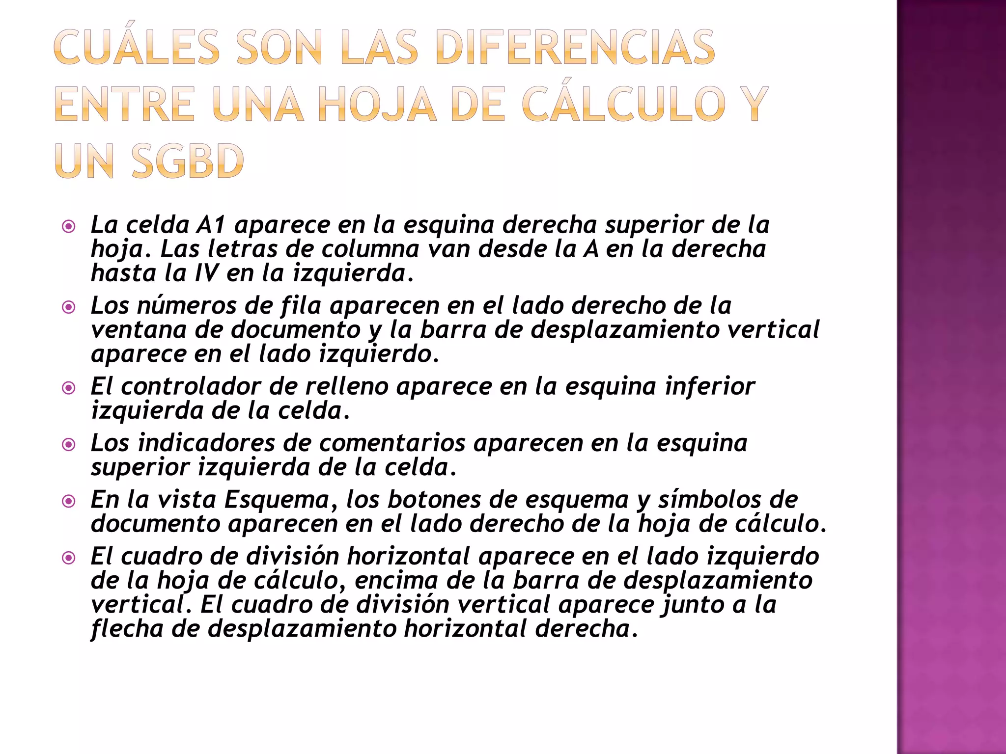    La celda A1 aparece en la esquina derecha superior de la
    hoja. Las letras de columna van desde la A en la derecha
    hasta la IV en la izquierda.
   Los números de fila aparecen en el lado derecho de la
    ventana de documento y la barra de desplazamiento vertical
    aparece en el lado izquierdo.
   El controlador de relleno aparece en la esquina inferior
    izquierda de la celda.
   Los indicadores de comentarios aparecen en la esquina
    superior izquierda de la celda.
   En la vista Esquema, los botones de esquema y símbolos de
    documento aparecen en el lado derecho de la hoja de cálculo.
   El cuadro de división horizontal aparece en el lado izquierdo
    de la hoja de cálculo, encima de la barra de desplazamiento
    vertical. El cuadro de división vertical aparece junto a la
    flecha de desplazamiento horizontal derecha.
 
