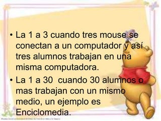 • La 1 a 3 cuando tres mouse se
  conectan a un computador y así
  tres alumnos trabajan en una
  misma computadora.
• La 1 a 30 cuando 30 alumnos o
  mas trabajan con un mismo
  medio, un ejemplo es
  Enciclomedia.
 