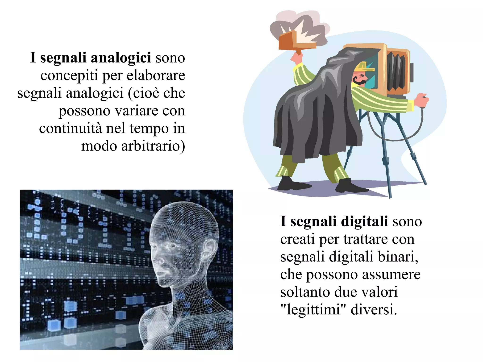 I segnali analogici sono
    concepiti per elaborare
segnali analogici (cioè che
       possono variare con
    continuità nel tempo in
          modo arbitrario)



                              I segnali digitali sono
                              creati per trattare con
                              segnali digitali binari,
                              che possono assumere
                              soltanto due valori
                              "legittimi" diversi.
 