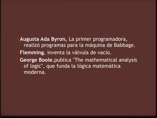 0 Augusta Ada Byron, La primer programadora,
    realizó programas para la máquina de Babbage.
0 Flemming. inventa la válvula de vacío.
0 George Boole.publica "The mathematical analysis
    of logic", que funda la lógica matemática
    moderna.
 