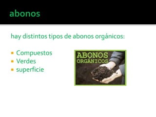 hay distintos tipos de abonos orgánicos:

   Compuestos
   Verdes
   superficie
 