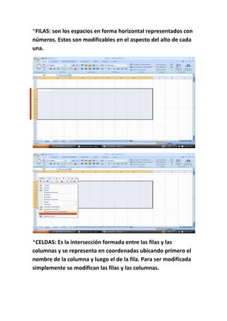 *FILAS: son los espacios en forma horizontal representados con
números. Estos son modificables en el aspecto del alto de cada
una.




*CELDAS: Es la intersección formada entre las filas y las
columnas y se representa en coordenadas ubicando primero el
nombre de la columna y luego el de la fila. Para ser modificada
simplemente se modifican las filas y las columnas.
 