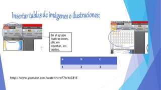 En el grupo
ilustraciones,
clic en
insertar, en
tablas.
a b c
1 2 3
http://www.youtube.com/watch?v=wF7tvYxC81E
 