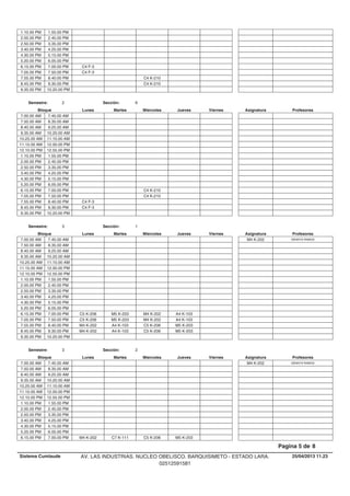 1.10.00 PM 1.55.00 PM
2.00.00 PM 2.45.00 PM
2.50.00 PM 3.35.00 PM
3.40.00 PM 4.25.00 PM
4.30.00 PM 5.15.00 PM
5.20.00 PM 6.05.00 PM
6.15.00 PM C4 F-37.00.00 PM
7.05.00 PM C4 F-37.50.00 PM
C4 K-2107.55.00 PM 8.40.00 PM
C4 K-2108.45.00 PM 9.30.00 PM
9.35.00 PM 10.20.00 PM
Lunes Miercoles Jueves ViernesMartesBloque ProfesoresAsignatura
Semestre: 2 Sección: 6
7.00.00 AM 7.45.00 AM
7.50.00 AM 8.35.00 AM
8.40.00 AM 9.25.00 AM
9.35.00 AM 10.20.00 AM
10.25.00 AM 11.10.00 AM
11.15.00 AM 12.00.00 PM
12.10.00 PM 12.55.00 PM
1.10.00 PM 1.55.00 PM
2.00.00 PM 2.45.00 PM
2.50.00 PM 3.35.00 PM
3.40.00 PM 4.25.00 PM
4.30.00 PM 5.15.00 PM
5.20.00 PM 6.05.00 PM
C4 K-2106.15.00 PM 7.00.00 PM
C4 K-2107.05.00 PM 7.50.00 PM
7.55.00 PM C4 F-38.40.00 PM
8.45.00 PM C4 F-39.30.00 PM
9.35.00 PM 10.20.00 PM
Lunes Miercoles Jueves ViernesMartesBloque ProfesoresAsignatura
Semestre: 3 Sección: 1
7.00.00 AM DENNYS RAMOSM4 K-2027.45.00 AM
7.50.00 AM 8.35.00 AM
8.40.00 AM 9.25.00 AM
9.35.00 AM 10.20.00 AM
10.25.00 AM 11.10.00 AM
11.15.00 AM 12.00.00 PM
12.10.00 PM 12.55.00 PM
1.10.00 PM 1.55.00 PM
2.00.00 PM 2.45.00 PM
2.50.00 PM 3.35.00 PM
3.40.00 PM 4.25.00 PM
4.30.00 PM 5.15.00 PM
5.20.00 PM 6.05.00 PM
M5 K-203 M4 K-202 A4 K-1036.15.00 PM C5 K-2067.00.00 PM
M5 K-203 M4 K-202 A4 K-1037.05.00 PM C5 K-2067.50.00 PM
A4 K-103 C5 K-206 M5 K-2037.55.00 PM M4 K-2028.40.00 PM
A4 K-103 C5 K-206 M5 K-2038.45.00 PM M4 K-2029.30.00 PM
9.35.00 PM 10.20.00 PM
Lunes Miercoles Jueves ViernesMartesBloque ProfesoresAsignatura
Semestre: 3 Sección: 2
7.00.00 AM DENNYS RAMOSM4 K-2027.45.00 AM
7.50.00 AM 8.35.00 AM
8.40.00 AM 9.25.00 AM
9.35.00 AM 10.20.00 AM
10.25.00 AM 11.10.00 AM
11.15.00 AM 12.00.00 PM
12.10.00 PM 12.55.00 PM
1.10.00 PM 1.55.00 PM
2.00.00 PM 2.45.00 PM
2.50.00 PM 3.35.00 PM
3.40.00 PM 4.25.00 PM
4.30.00 PM 5.15.00 PM
5.20.00 PM 6.05.00 PM
C7 K-111 C5 K-206 M5 K-2036.15.00 PM M4 K-2027.00.00 PM
25/04/2013 11.23
Pagina 5 de 8
Sistema Cumlaude AV. LAS INDUSTRIAS. NUCLEO OBELISCO. BARQUISIMETO - ESTADO LARA.
02512591581
 