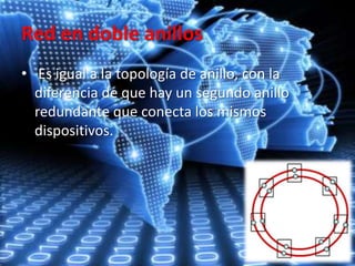 Red en doble anillos
• Es igual a la topología de anillo, con la
diferencia de que hay un segundo anillo
redundante que conecta los mismos
dispositivos.
 