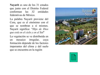Nayarit es uno de los 31 estados
que junto con el Distrito Federal
conforman las 32 entidades
federativas de México.
La palabra Nayarit proviene del
Cora, que es el etnónimo con el
que se nombran a sí mismos.
Nayarit significa: "Hijo de Dios
que está en el cielo y en el Sol"
La vegetación se ve distribuida en
un mosaico irregular, cuya
formación depende de los factores
imperantes del clima y del suelo
que se encuentra en la región
 