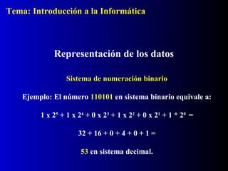 Sistema de numeración binario
Ejemplo: El número 110101 en sistema binario equivale a:
1 x 25
+ 1 x 24
+ 0 x 23
+ 1 x 22
+ 0 x 21
+ 1 * 20
=
32 + 16 + 0 + 4 + 0 + 1 =
53 en sistema decimal.
Representación de los datos
Tema: Introducción a la Informática
 