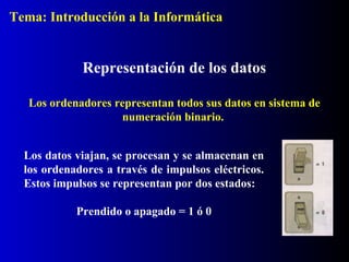 Los datos viajan, se procesan y se almacenan en
los ordenadores a través de impulsos eléctricos.
Estos impulsos se representan por dos estados:
Prendido o apagado = 1 ó 0
Representación de los datos
Los ordenadores representan todos sus datos en sistema de
numeración binario.
Tema: Introducción a la Informática
 