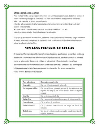 Otras operaciones con filas
Para realizar todas las operaciones básicas con las filas seleccionadas, debemos utilizar el
Menú Formato y escoger el comando Fila y allí encontramos las siguientes opciones:
•Alto: para ajustar la altura manualmente.
•Ajustar a la selección: la altura se ajusta automáticamente al texto más grande del
bloque seleccionado.
•Ocultar: oculta las filas seleccionadas, se puede hacer con CTRL + 9
•Mostrar: desoculta las filas indicadas en la selección.
Si lo que queremos es insertar filas, debemos seleccionarlas inicialmente y luego entramos
al Menú Insertar y escogemos el comando Filas, o utilizando el clic derecho del mouse
sobre la cabecera de las filas.

VENTANA FORMATO DE CELDAS
Al hablar del formato de celda nos referimos al aspecto que la celda presentará en lahoja
de cálculo. El formato hace referencia a múltiples aspectos, desde el color de la fuentea
como se alinean los datos en la celda o el número de cifras decimales con el que
apareceráun resultado.Para realizar un cambio de formato a una celda o a un rango de
celdas es necesariohaberlas seleccionado previamente. Recuerda que existen
varías formas de realizar laselección.

 