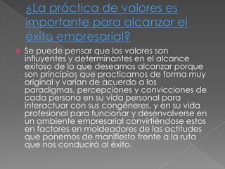 

Se puede pensar que los valores son
influyentes y determinantes en el alcance
exitoso de lo que deseamos alcanzar porque
son principios que practicamos de forma muy
original y varían de acuerdo a los
paradigmas, percepciones y convicciones de
cada persona en su vida personal para
interactuar con sus congéneres, y en su vida
profesional para funcionar y desenvolverse en
un ambiente empresarial convirtiéndose estos
en factores en moldeadores de las actitudes
que ponemos de manifiesto frente a la ruta
que nos conducirá al éxito.

 